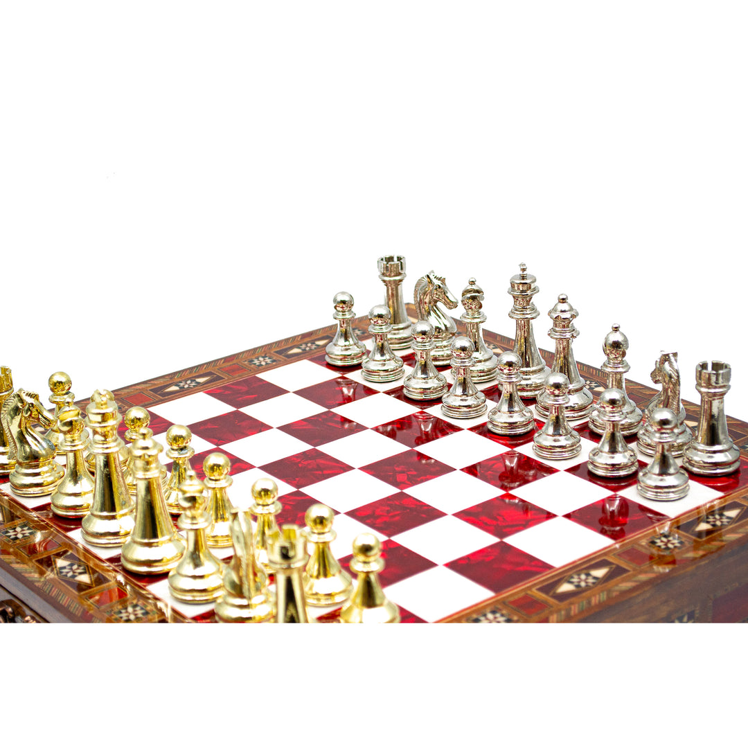 Luxury Wooden Chess Set With Storage Units And Gold And Silver Metal Chess Pieces