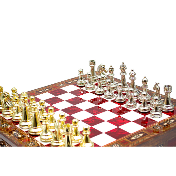 Luxury Wooden Chess Set With Storage Units And Gold And Silver Metal Chess Pieces