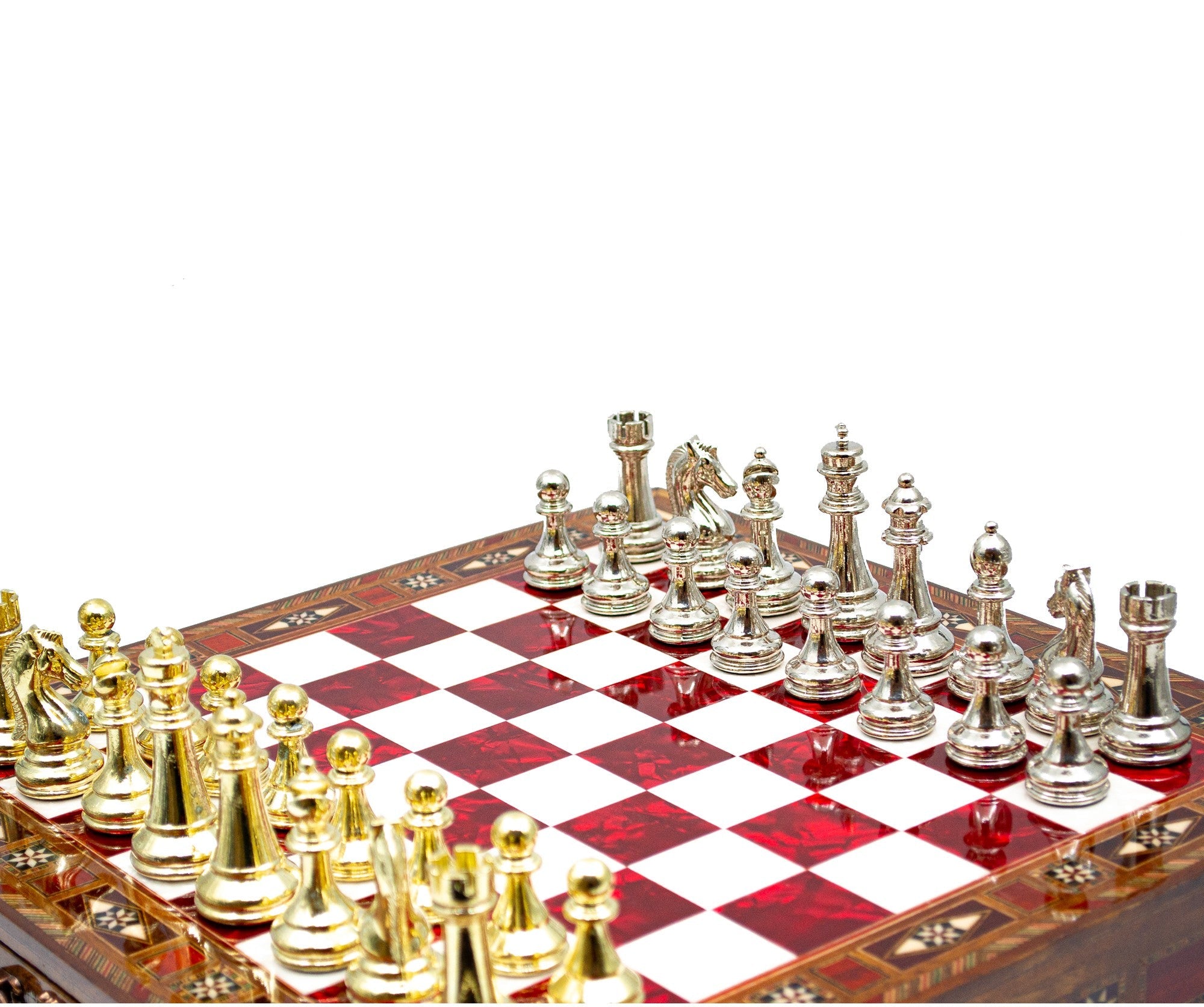 Luxury Wooden Chess Set With Storage Units - Gold And Silver Metal Chess Pieces My Chess Sets