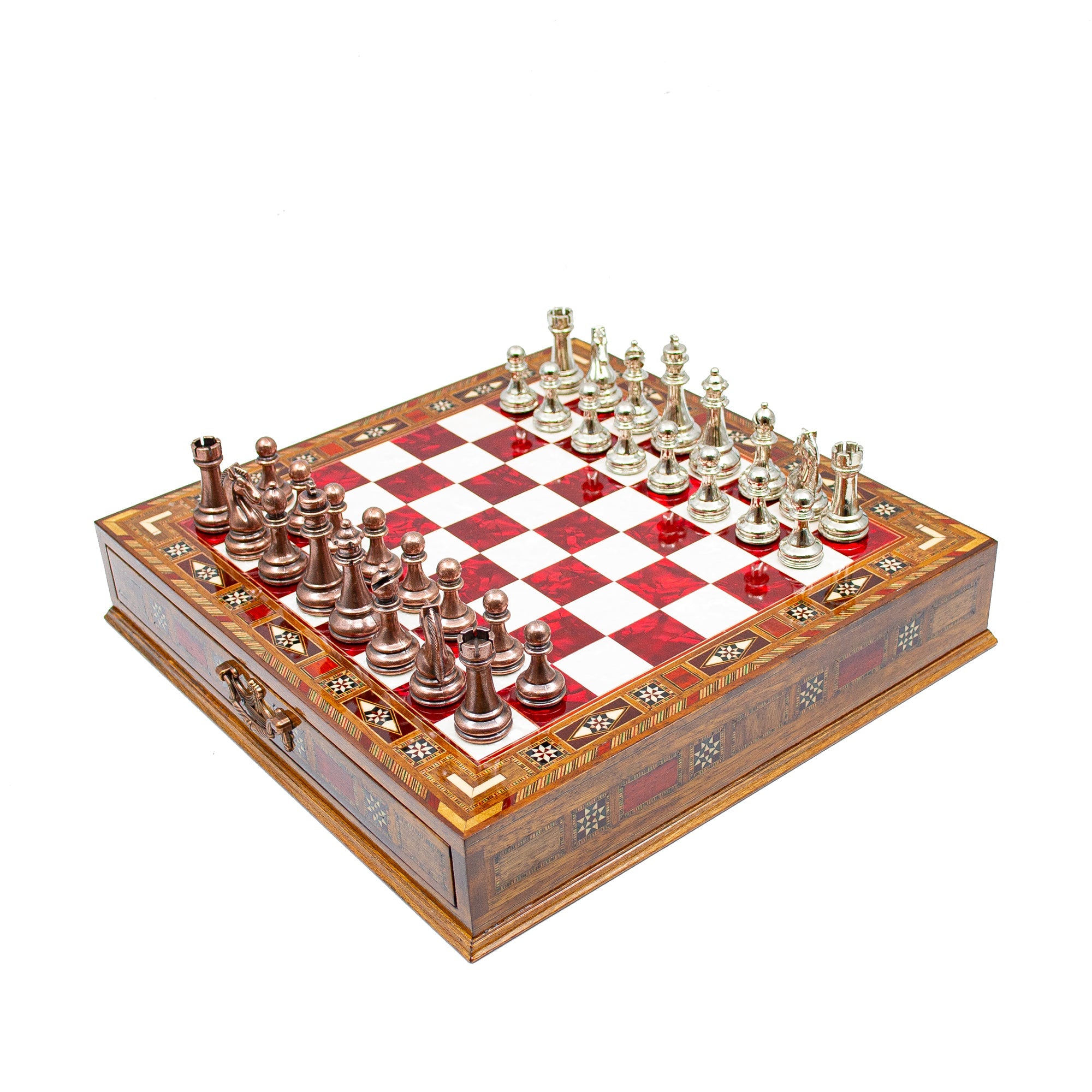 Luxury Wooden Chess Set With Storage Units - Copper And Silver Metal Chess Pieces (Red Chess Board) My Chess Sets