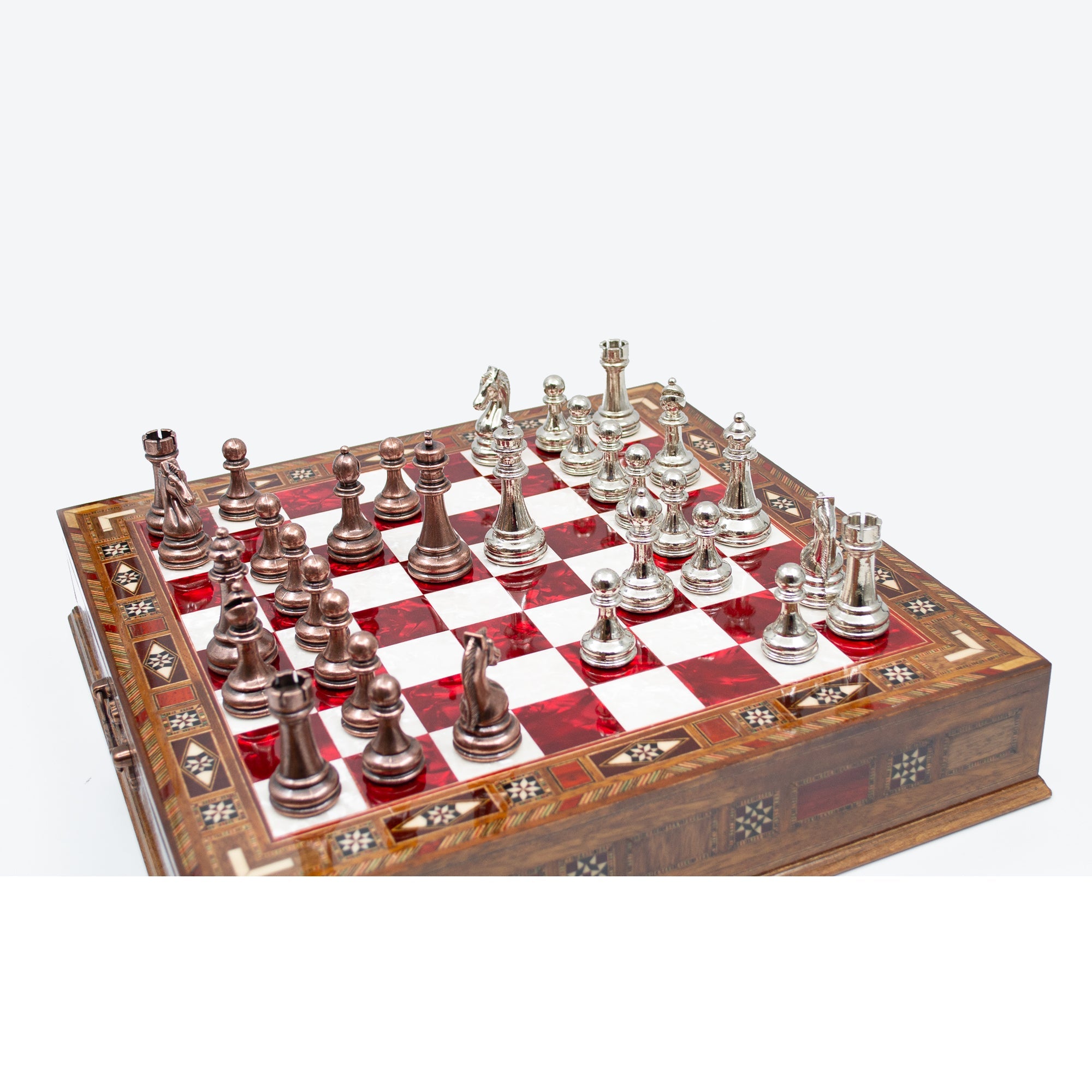 Luxury Wooden Chess Set With Storage Units - Copper And Silver Metal Chess Pieces (Red Chess Board) My Chess Sets