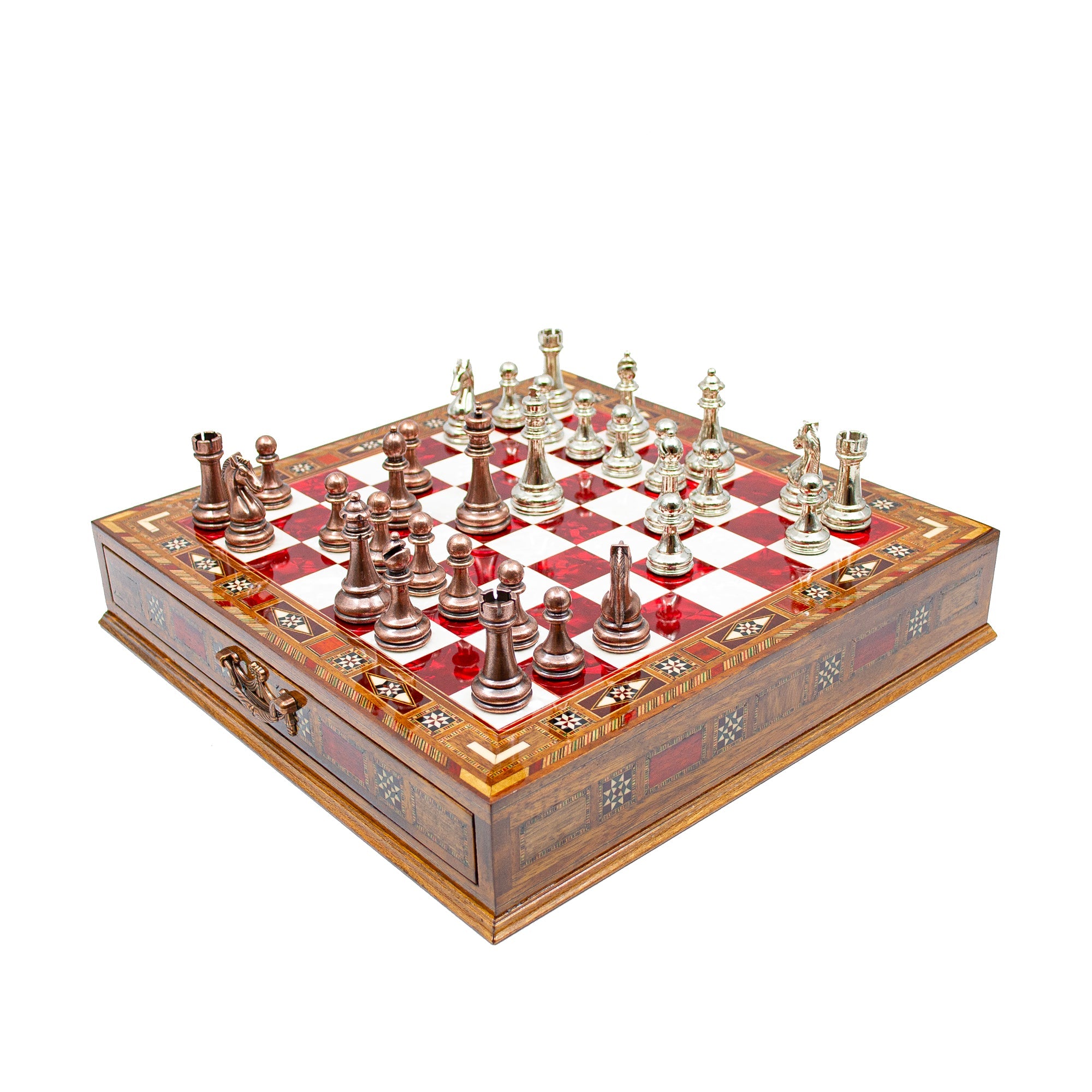 Luxury Wooden Chess Set With Storage Units - Copper And Silver Metal Chess Pieces (Red Chess Board) My Chess Sets