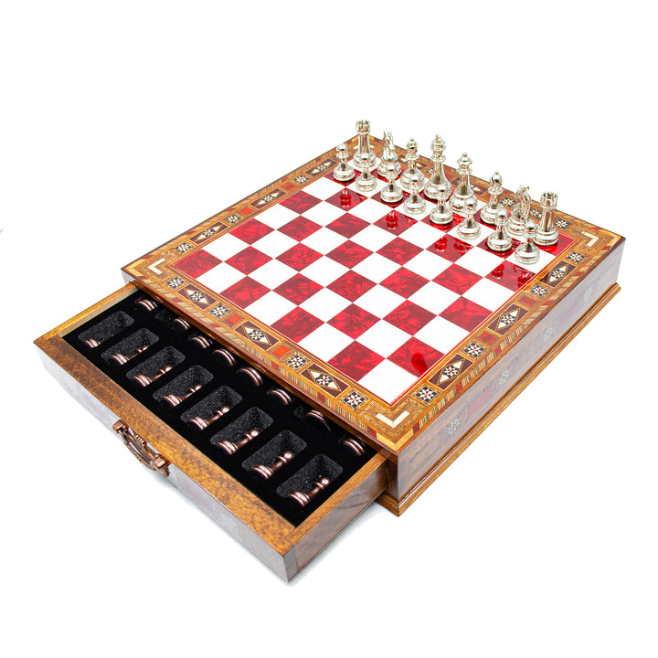 Luxury Wooden Chess Set With Storage Units And Copper And Silver Metal Chess Pieces