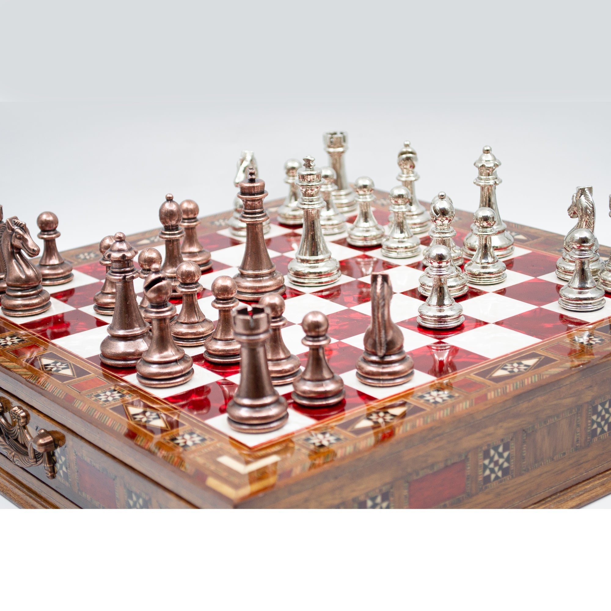 Luxury Wooden Chess Set With Storage Units - Copper And Silver Metal Chess Pieces (Red Chess Board) My Chess Sets