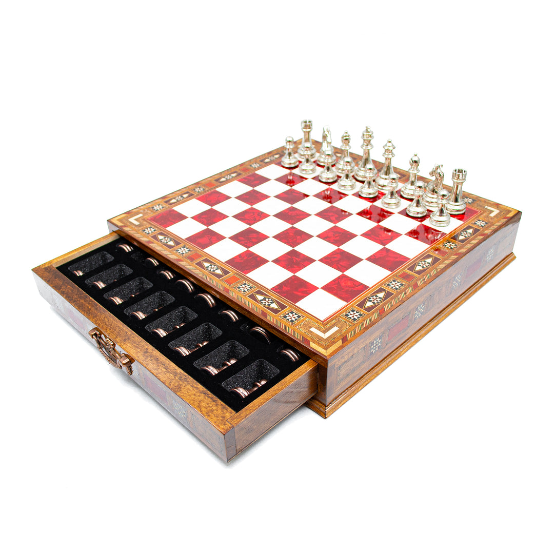 Luxury Wooden Chess Set With Storage Units And Copper And Silver Metal Chess Pieces