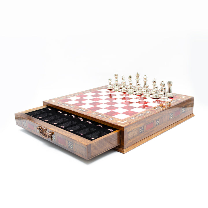 Luxury Wooden Chess Set With Storage Units And Copper And Silver Metal Chess Pieces