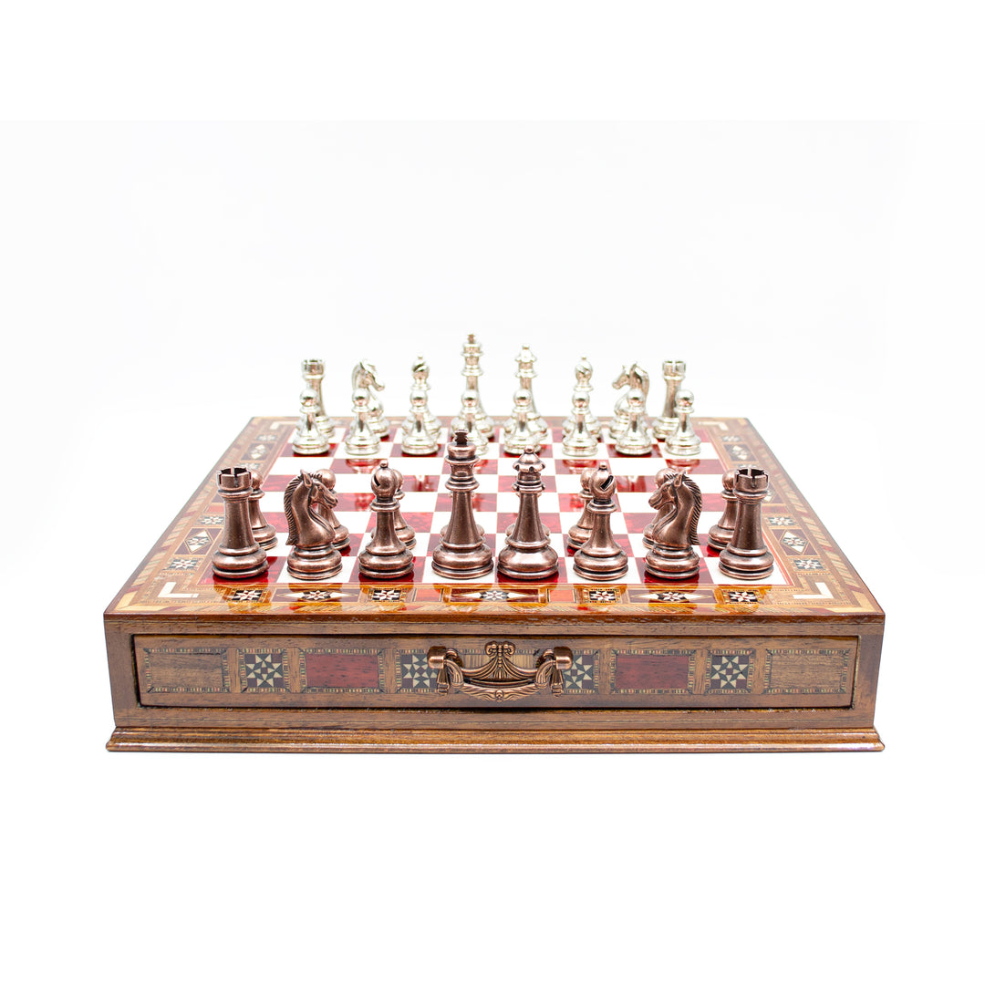 Luxury Wooden Chess Set With Storage Units And Copper And Silver Metal Chess Pieces