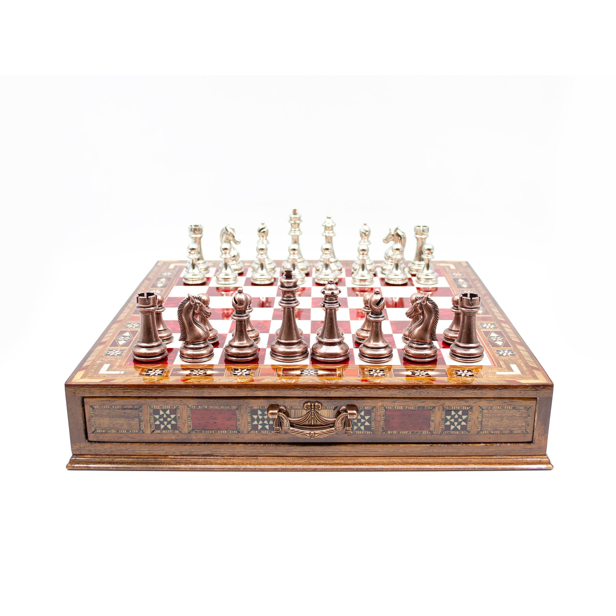 Luxury Wooden Chess Set With Storage Units - Copper And Silver Metal Chess Pieces (Red Chess Board) My Chess Sets