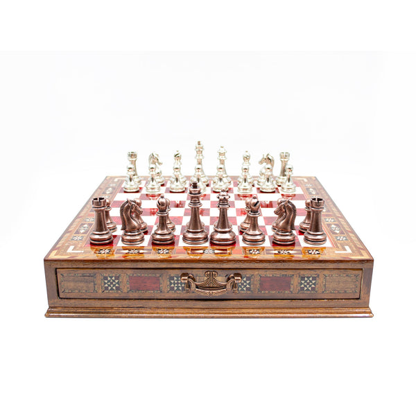 Luxury Wooden Chess Set With Storage Units - Copper And Silver Metal Chess Pieces (Red Chess Board)
