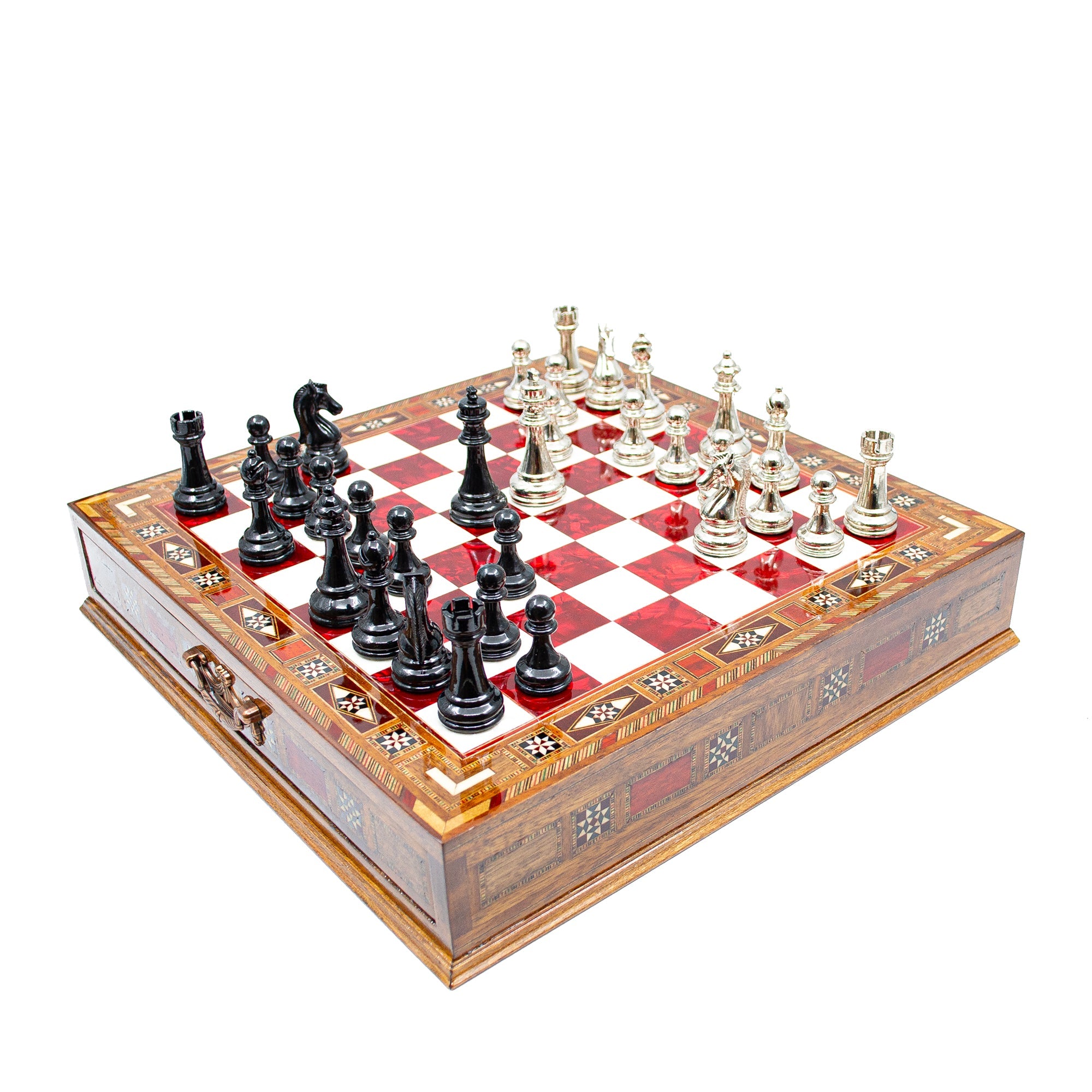Luxury Wooden Chess Set With Storage Units - Black And Silver Metal Chess Pieces (Red Chess Board) My Chess Sets