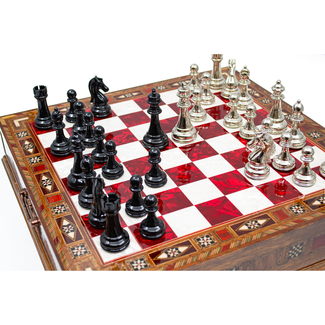 Luxury Wooden Chess Set With Storage Units And Black And Silver Metal Chess Pieces