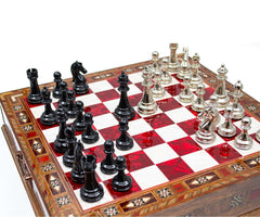 Luxury Wooden Chess Set With Storage Units - Black And Silver Metal Chess Pieces (Red Chess Board) My Chess Sets