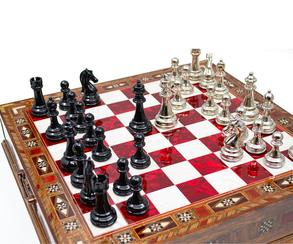 Luxury Wooden Chess Set With Storage Units - Black And Silver Metal Chess Pieces (Red Chess Board)