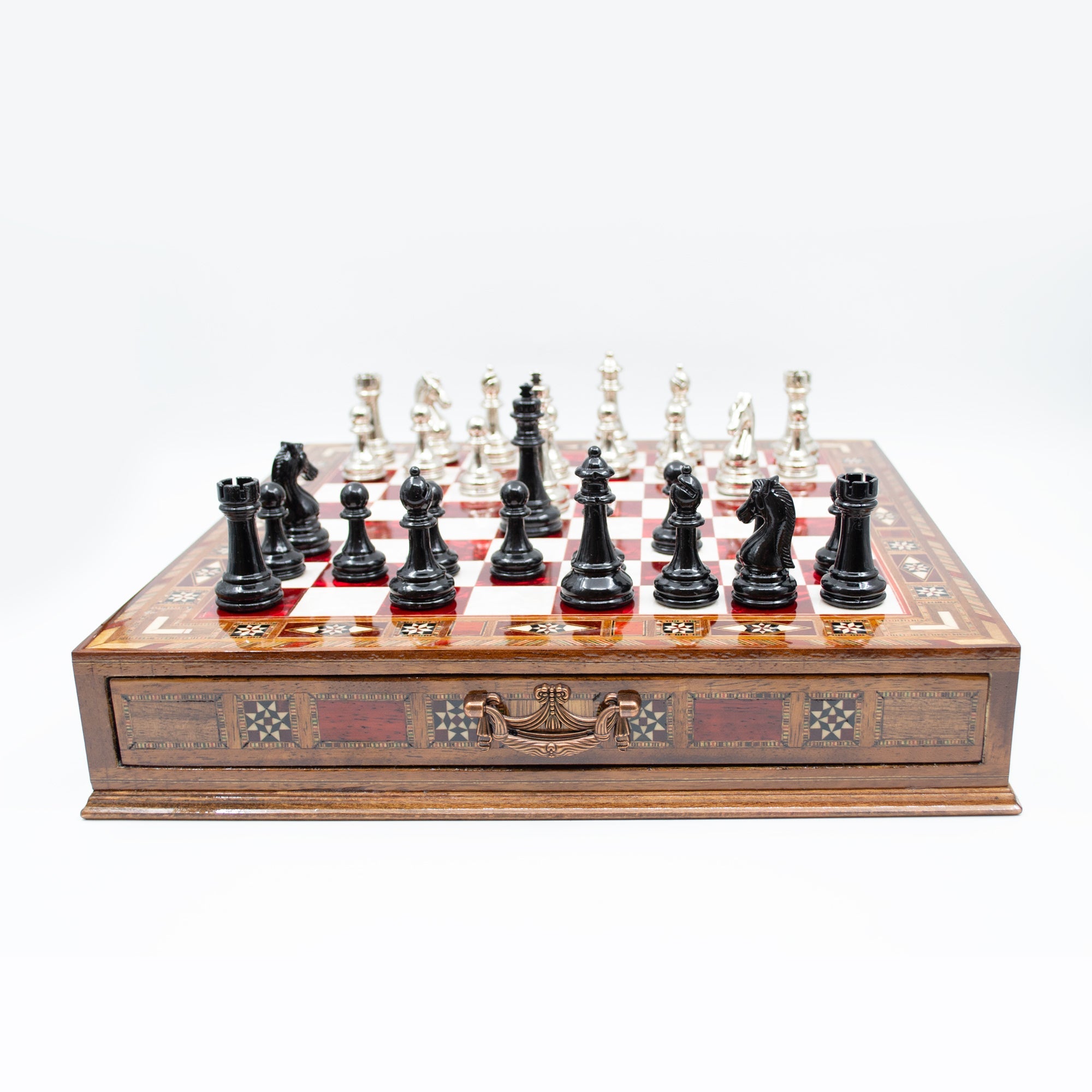 Luxury Wooden Chess Set With Storage Units - Black And Silver Metal Chess Pieces (Red Chess Board) My Chess Sets