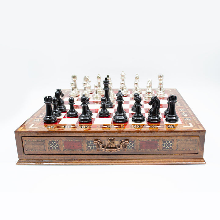 Luxury Wooden Chess Set With Storage Units And Black And Silver Metal Chess Pieces