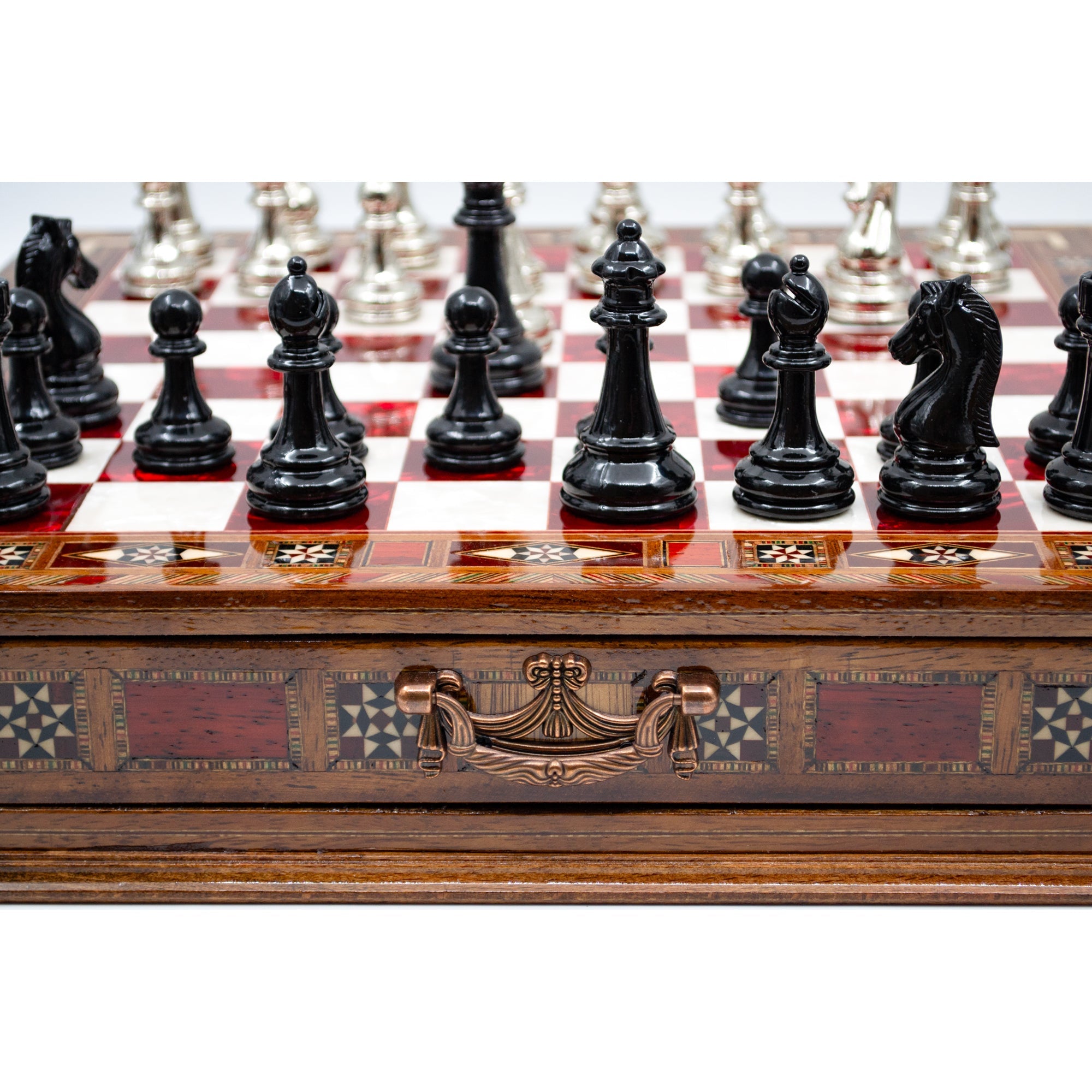 Luxury Wooden Chess Set With Storage Units - Black And Silver Metal Chess Pieces (Red Chess Board) My Chess Sets