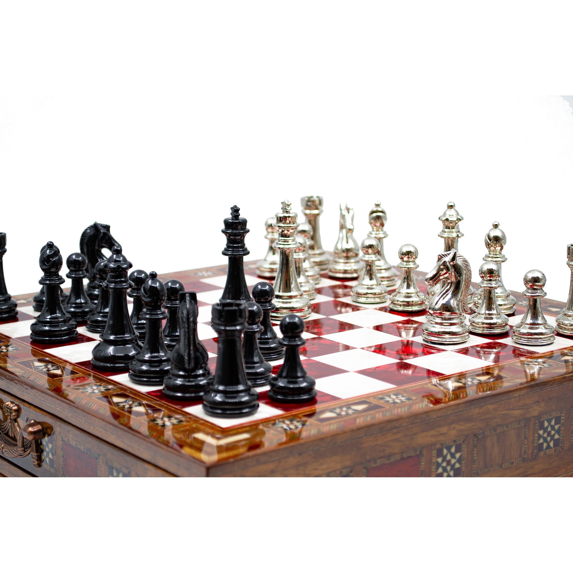 Luxury Wooden Chess Set With Storage Units - Black And Silver Metal Chess Pieces (Red Chess Board) My Chess Sets
