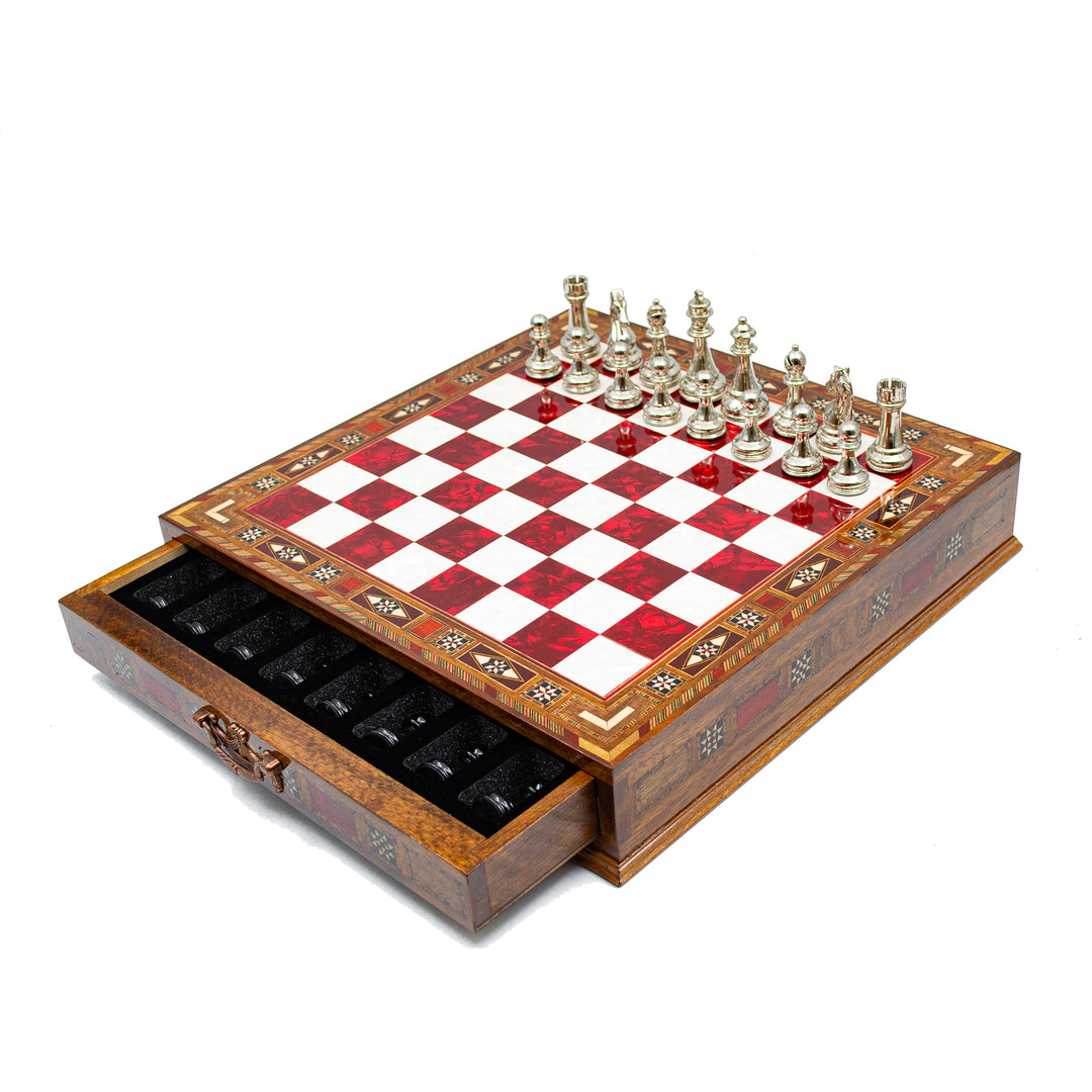 Luxury Wooden Chess Set With Storage Units And Black And Silver Metal Chess Pieces