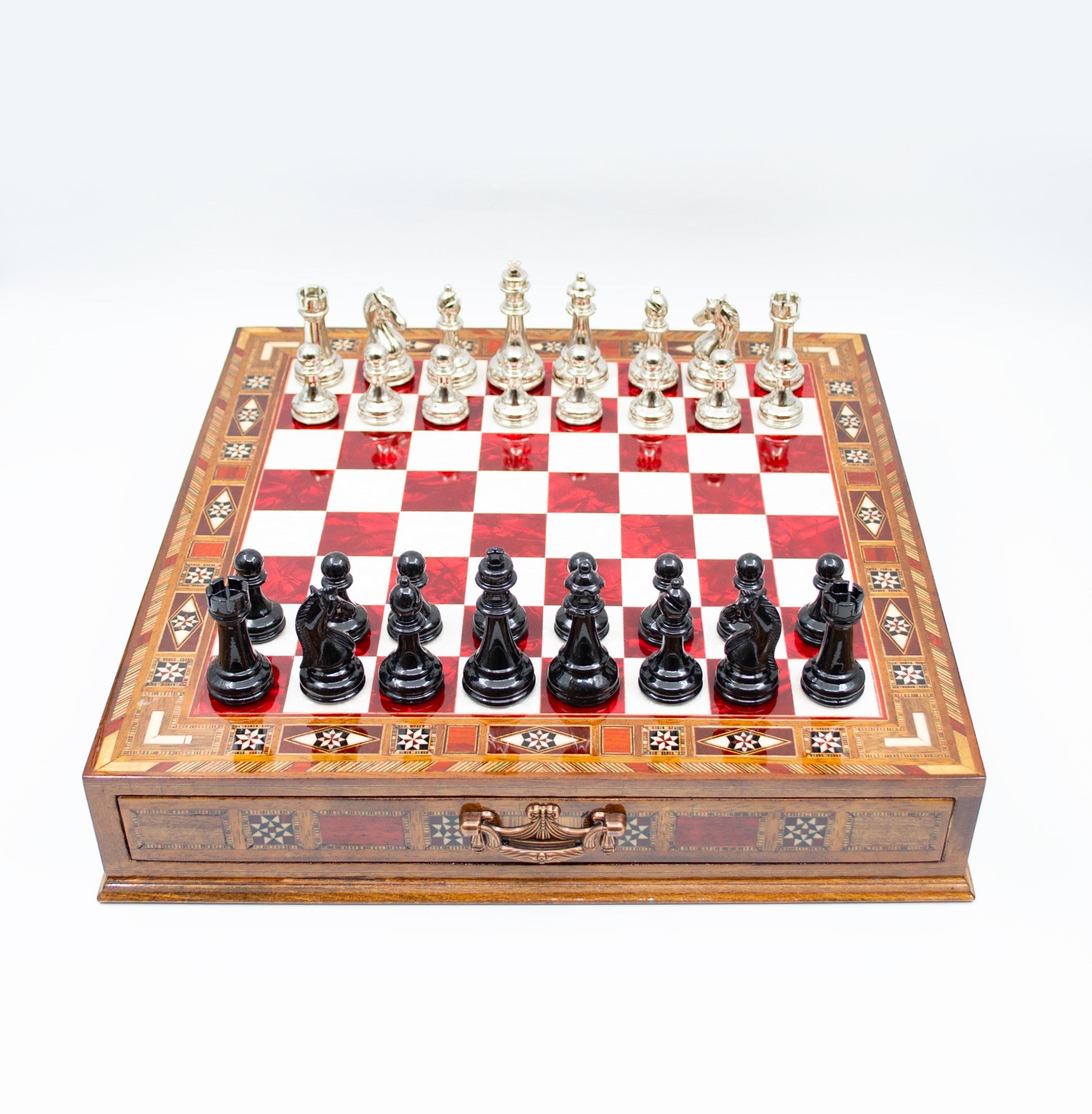Luxury Wooden Chess Set With Storage Units - Black And Silver Metal Chess Pieces (Red Chess Board) My Chess Sets