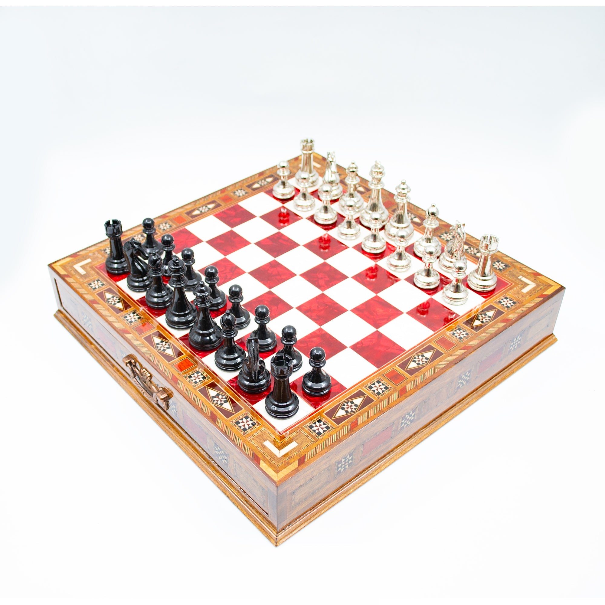 Luxury Wooden Chess Set With Storage Units - Black And Silver Metal Chess Pieces (Red Chess Board) My Chess Sets