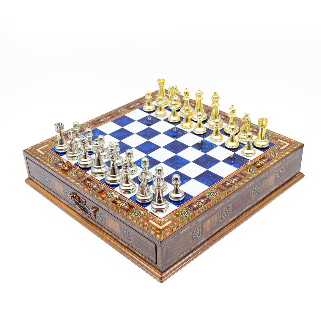 Luxury Wooden Chess Set With Storage Units And Gold And Silver Metal Chess Pieces (Blue)