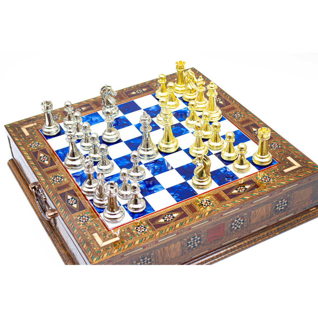 Luxury Wooden Chess Set With Storage Units And Gold And Silver Metal Chess Pieces (Blue)