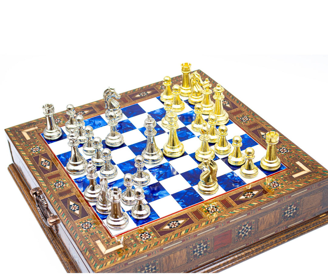 Luxury Wooden Chess Set With Storage Units - Gold And Silver Metal Chess Pieces (Blue Chess Board)