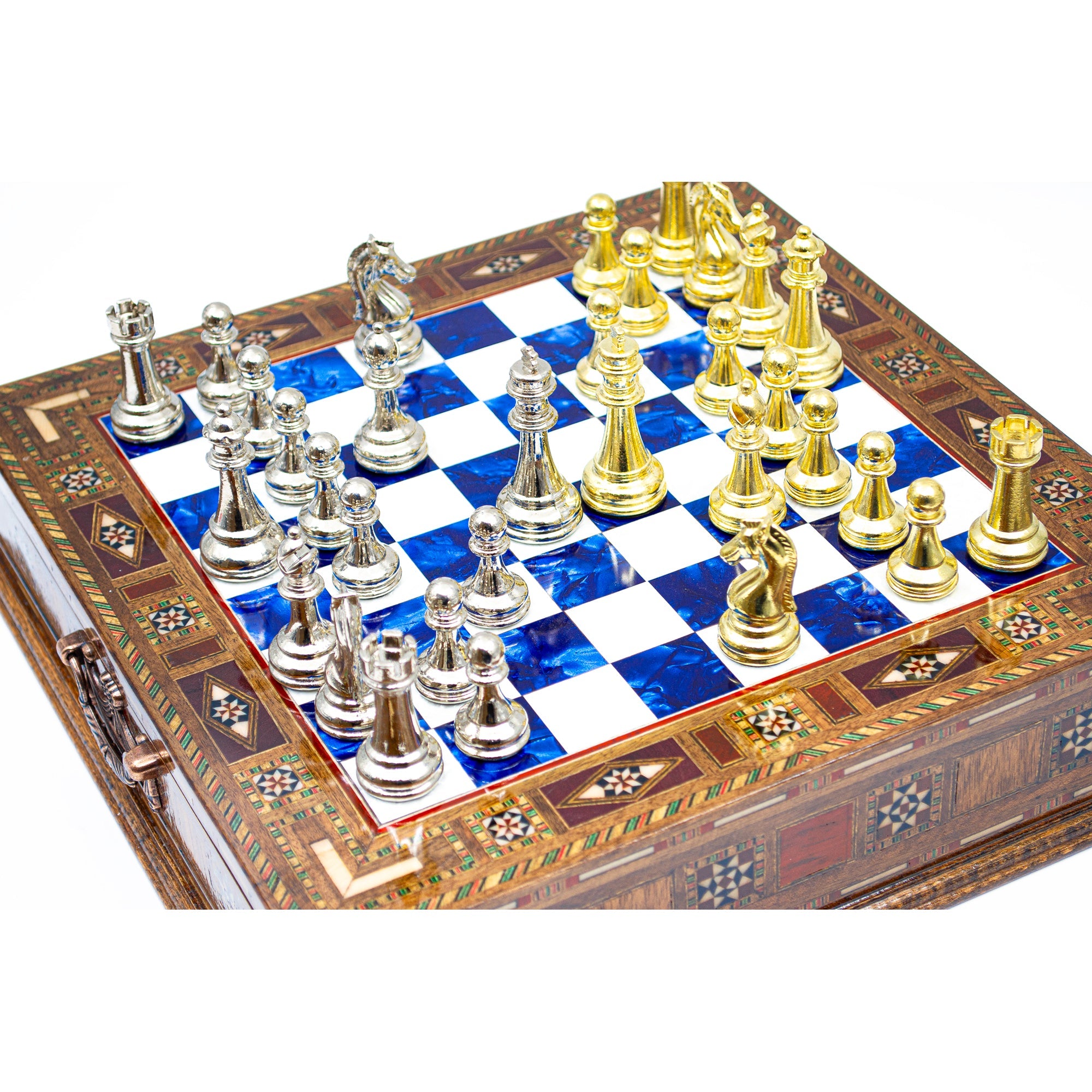 Luxury Wooden Chess Set With Storage Units - Gold And Silver Metal Chess Pieces (Blue Chess Board) My Chess Sets