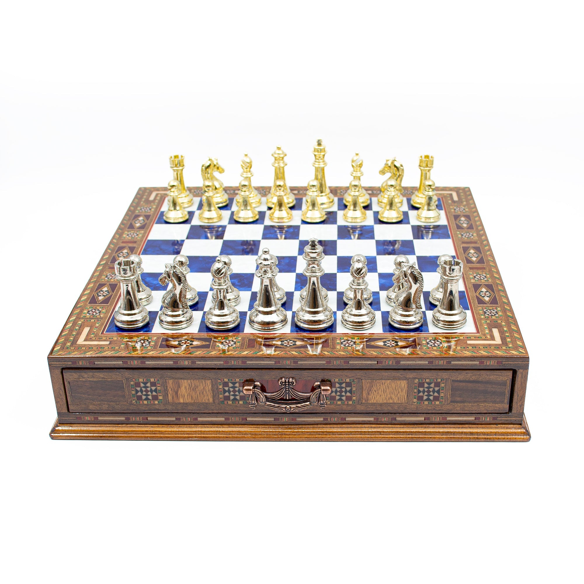Luxury Wooden Chess Set With Storage Units - Gold And Silver Metal Chess Pieces (Blue Chess Board) My Chess Sets