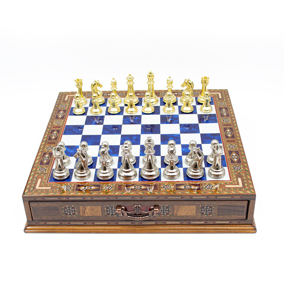 Luxury Wooden Chess Set With Storage Units And Gold And Silver Metal Chess Pieces (Blue)