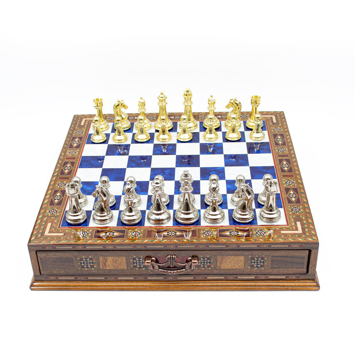 Luxury Wooden Chess Set With Storage Units And Gold And Silver Metal Chess Pieces (Blue)