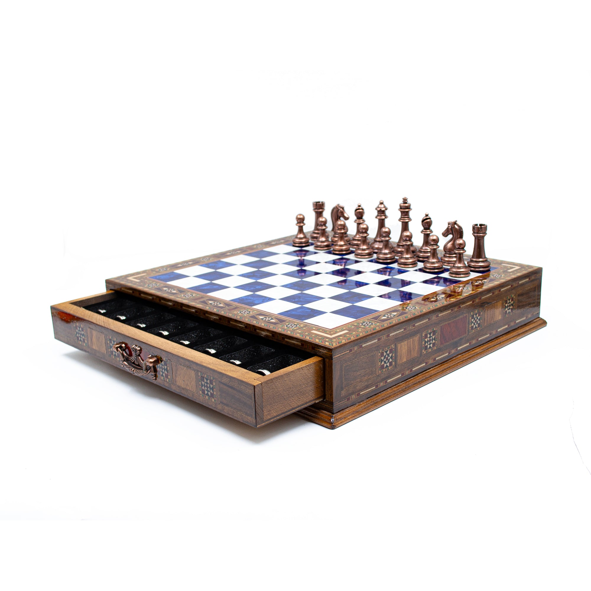 Luxury Wooden Chess Set With Storage Units - Copper And Silver Metal Chess Pieces (Blue Chess Board) - My Chess Sets