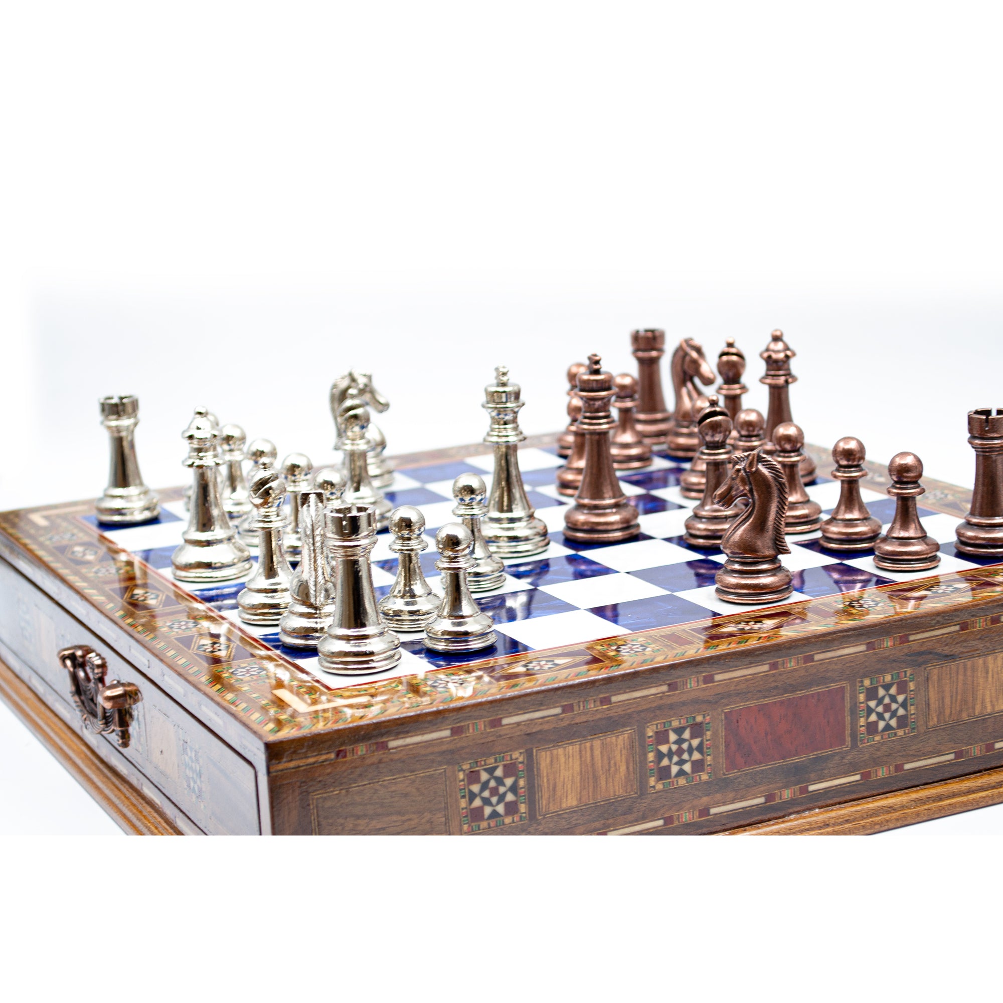 Luxury Wooden Chess Set With Storage Units - Copper And Silver Metal Chess Pieces (Blue Chess Board) - My Chess Sets