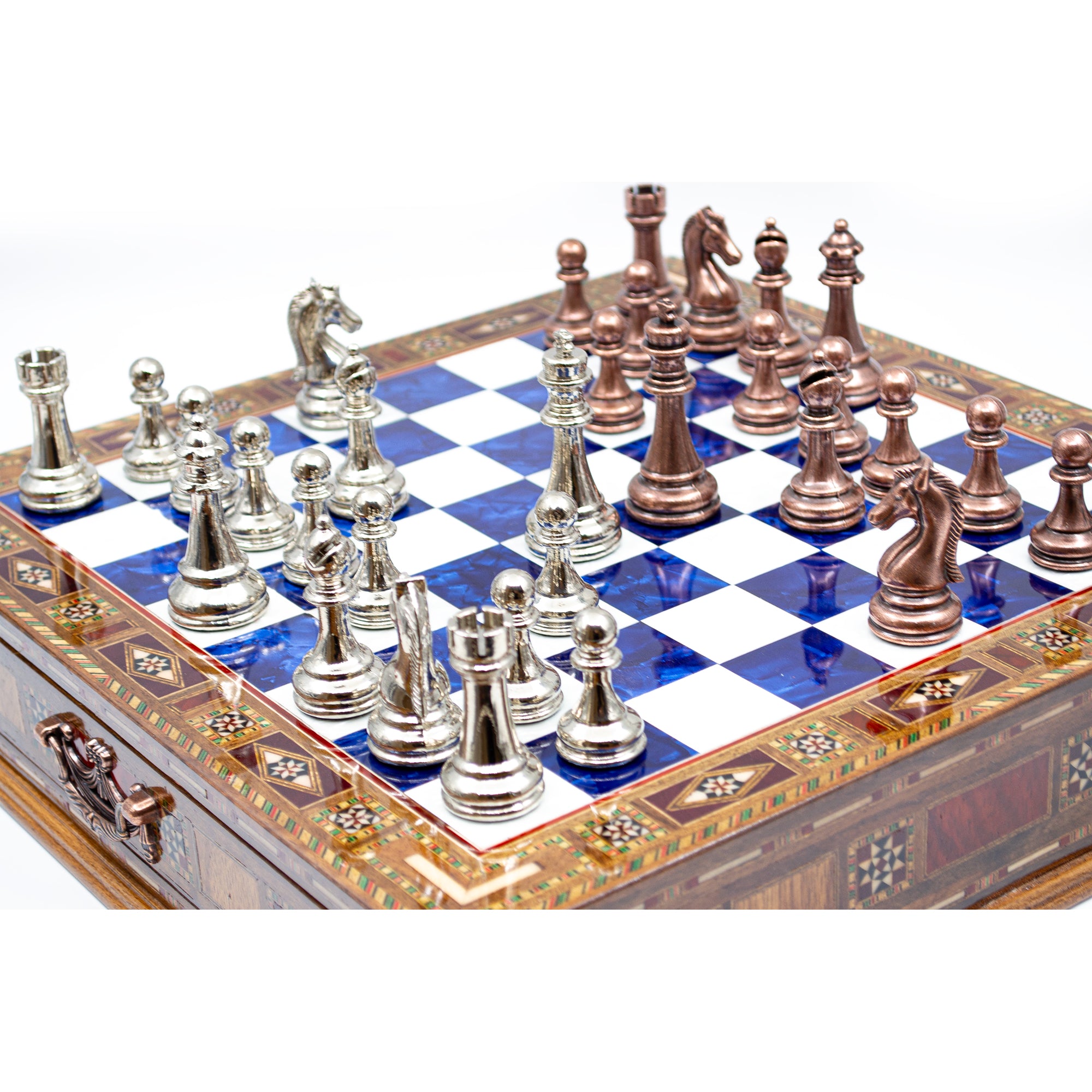 Luxury Wooden Chess Set With Storage Units - Copper And Silver Metal Chess Pieces (Blue Chess Board) - My Chess Sets