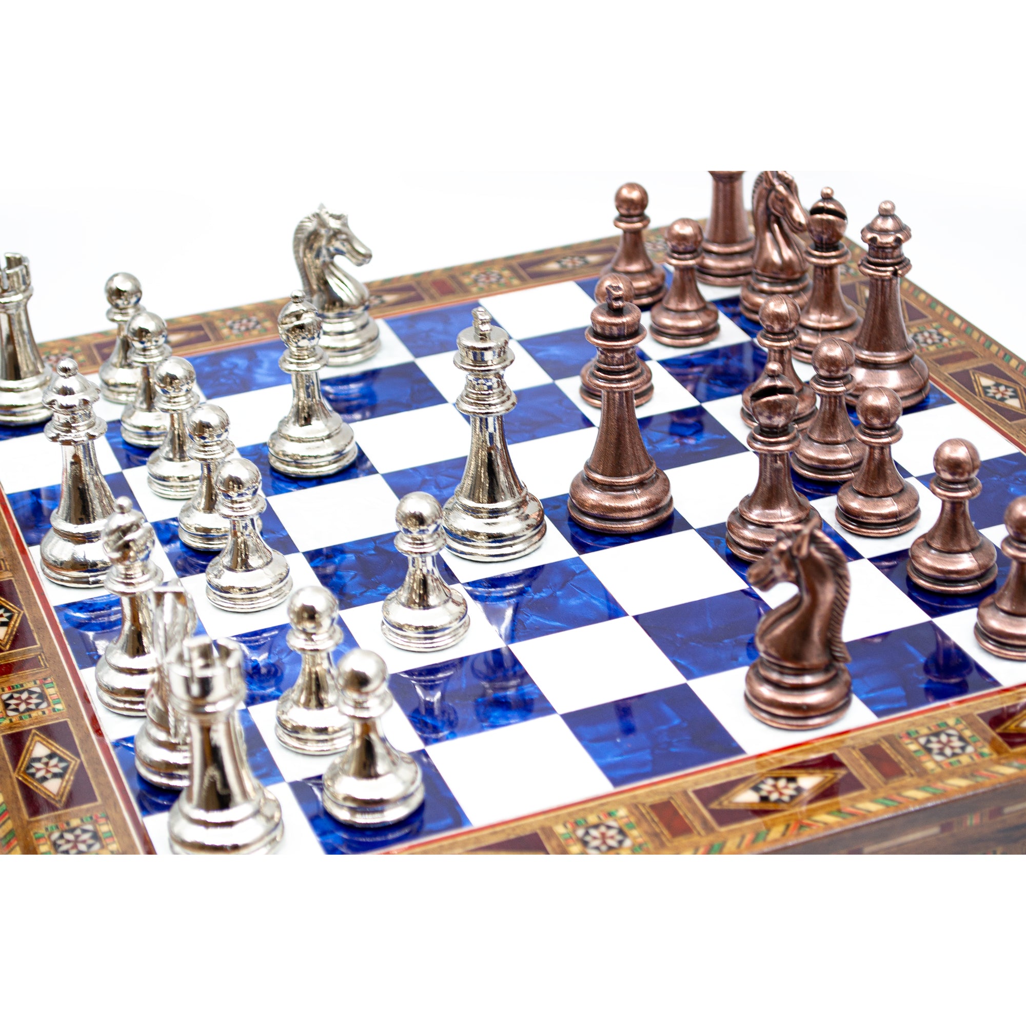 Luxury Wooden Chess Set With Storage Units - Copper And Silver Metal Chess Pieces (Blue Chess Board) - My Chess Sets