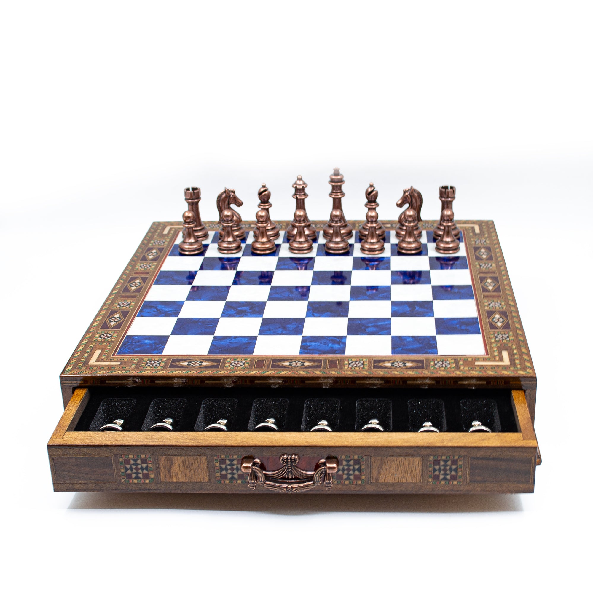 Luxury Wooden Chess Set With Storage Units - Copper And Silver Metal Chess Pieces (Blue Chess Board) - My Chess Sets