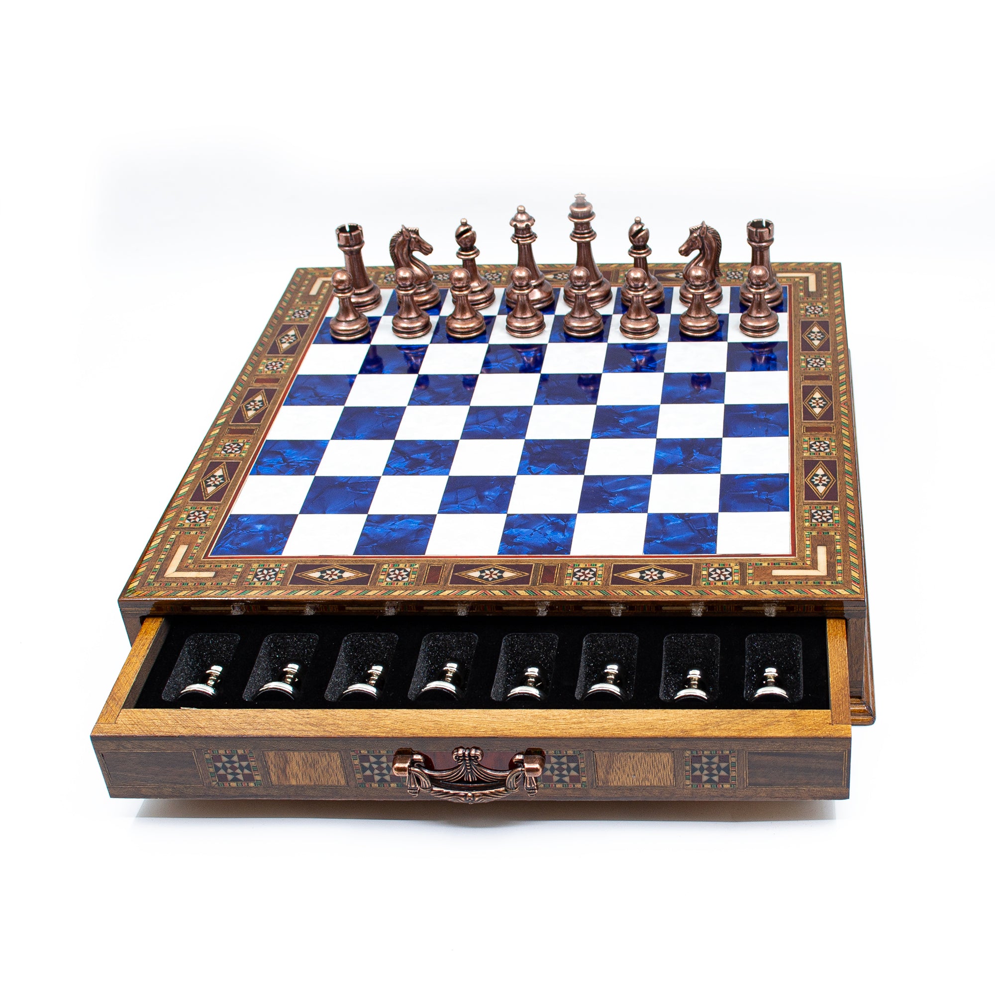 Luxury Wooden Chess Set With Storage Units - Copper And Silver Metal Chess Pieces (Blue Chess Board) - My Chess Sets
