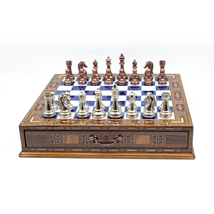 Luxury Wooden Chess Set With Storage Units And Copper And Silver Metal Chess Pieces (Blue)