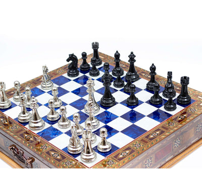 Luxury Wooden Chess Set With Storage Units - Black And Silver Metal Chess Pieces (Blue Chess Board) - My Chess Sets
