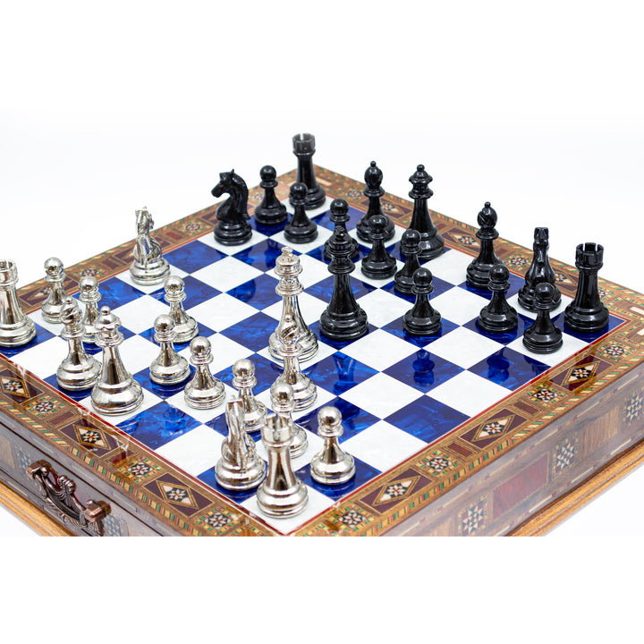 Luxury Wooden Chess Set With Storage Units And Black And Silver Metal Chess Pieces (Blue)