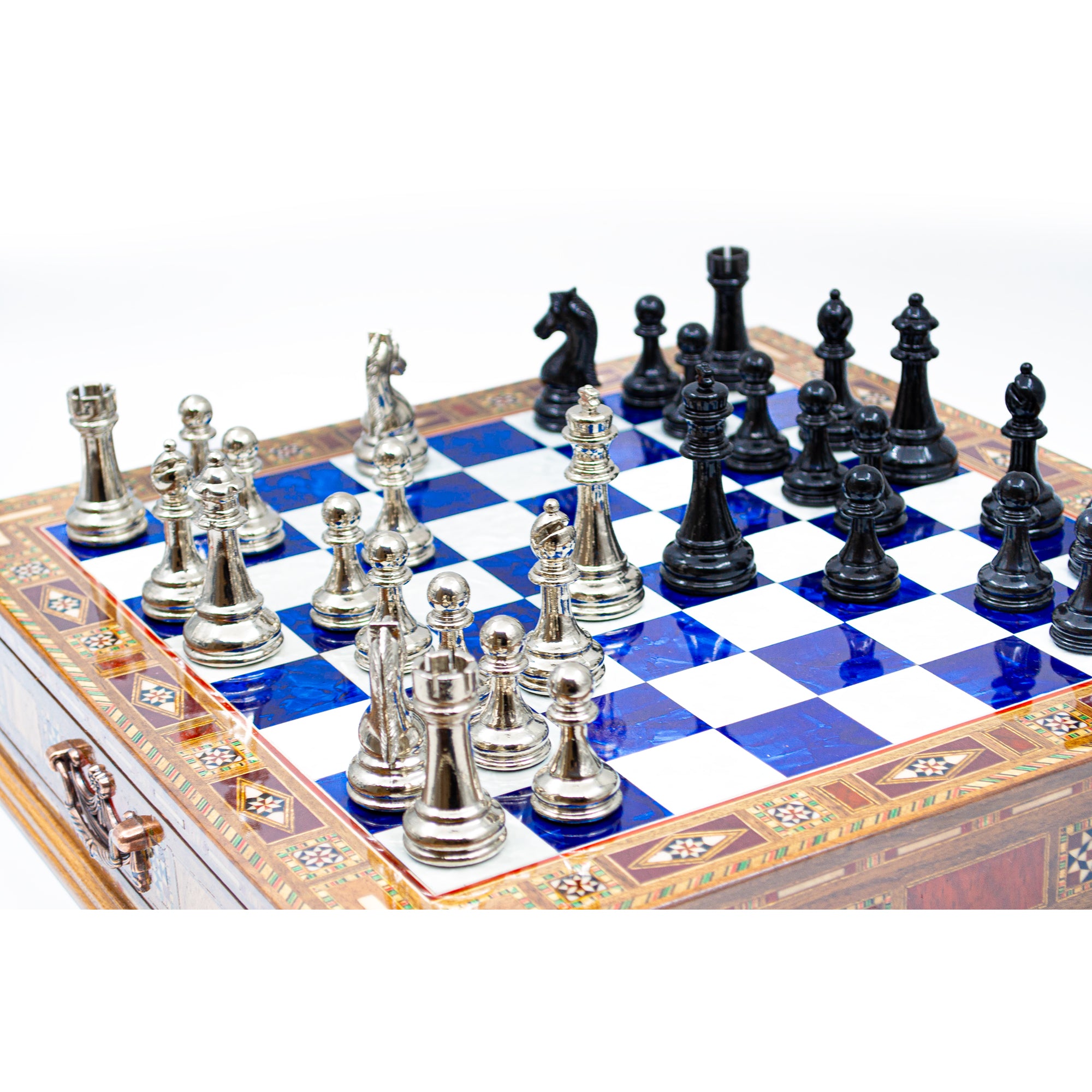 Luxury Wooden Chess Set With Storage Units - Black And Silver Metal Chess Pieces (Blue Chess Board) - My Chess Sets