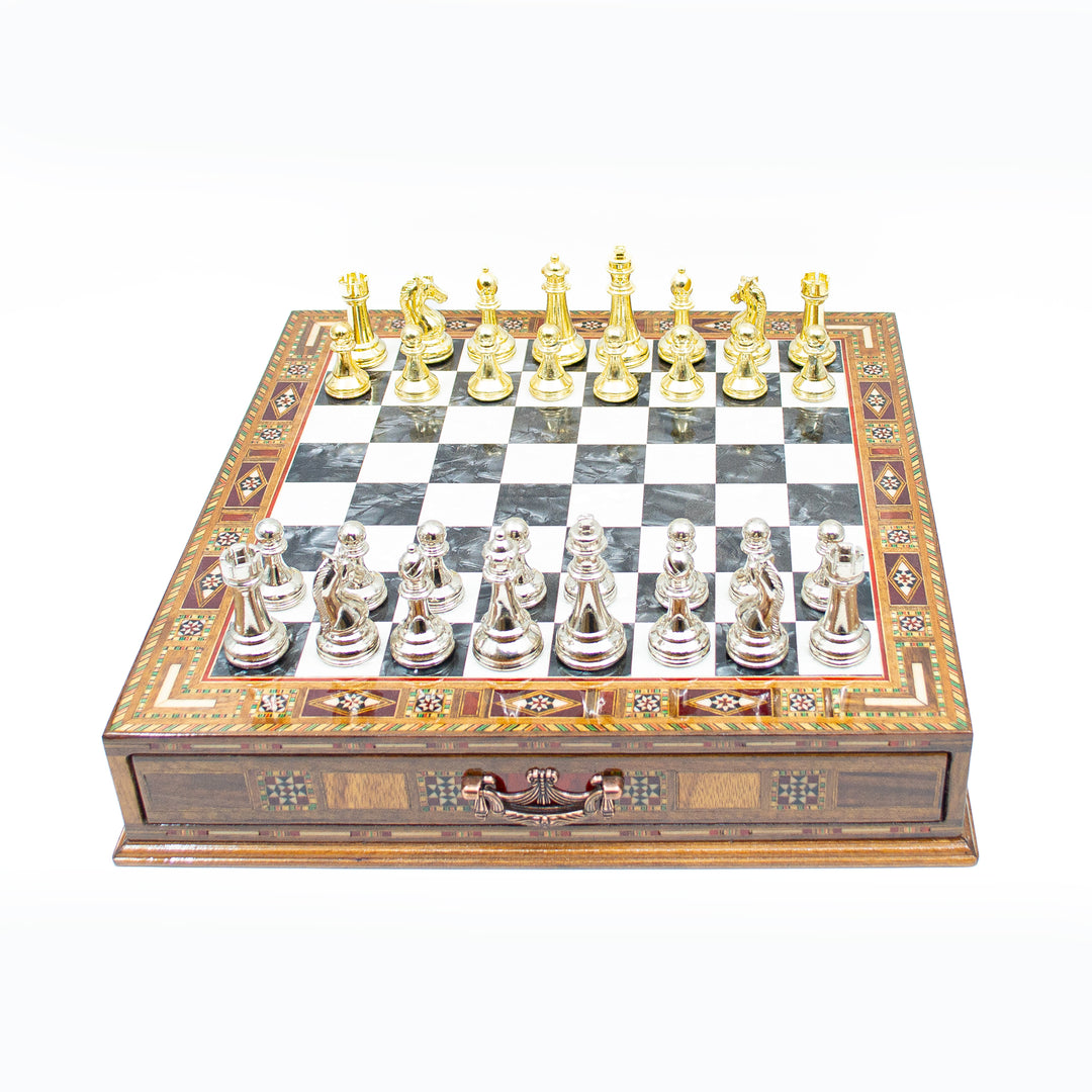 Luxury Wooden Chess Set With Storage Units And Gold And Silver Metal Chess Pieces (Black Board)