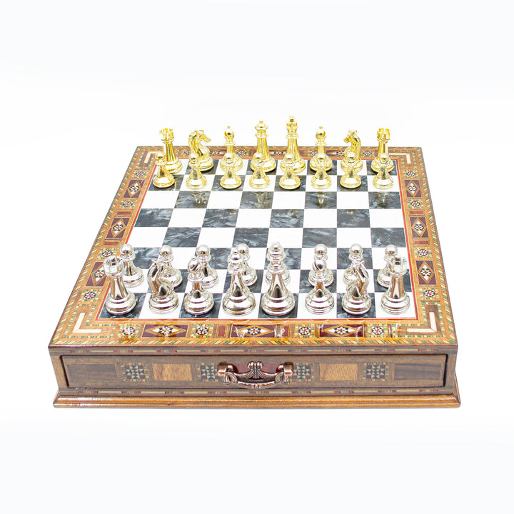 Luxury Wooden Chess Set With Storage Units And Gold And Silver Metal Chess Pieces (Black Board)