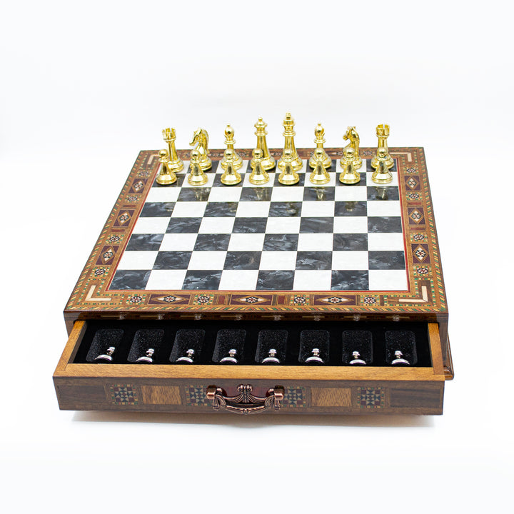 Luxury Wooden Chess Set With Storage Units And Gold And Silver Metal Chess Pieces (Black Board)