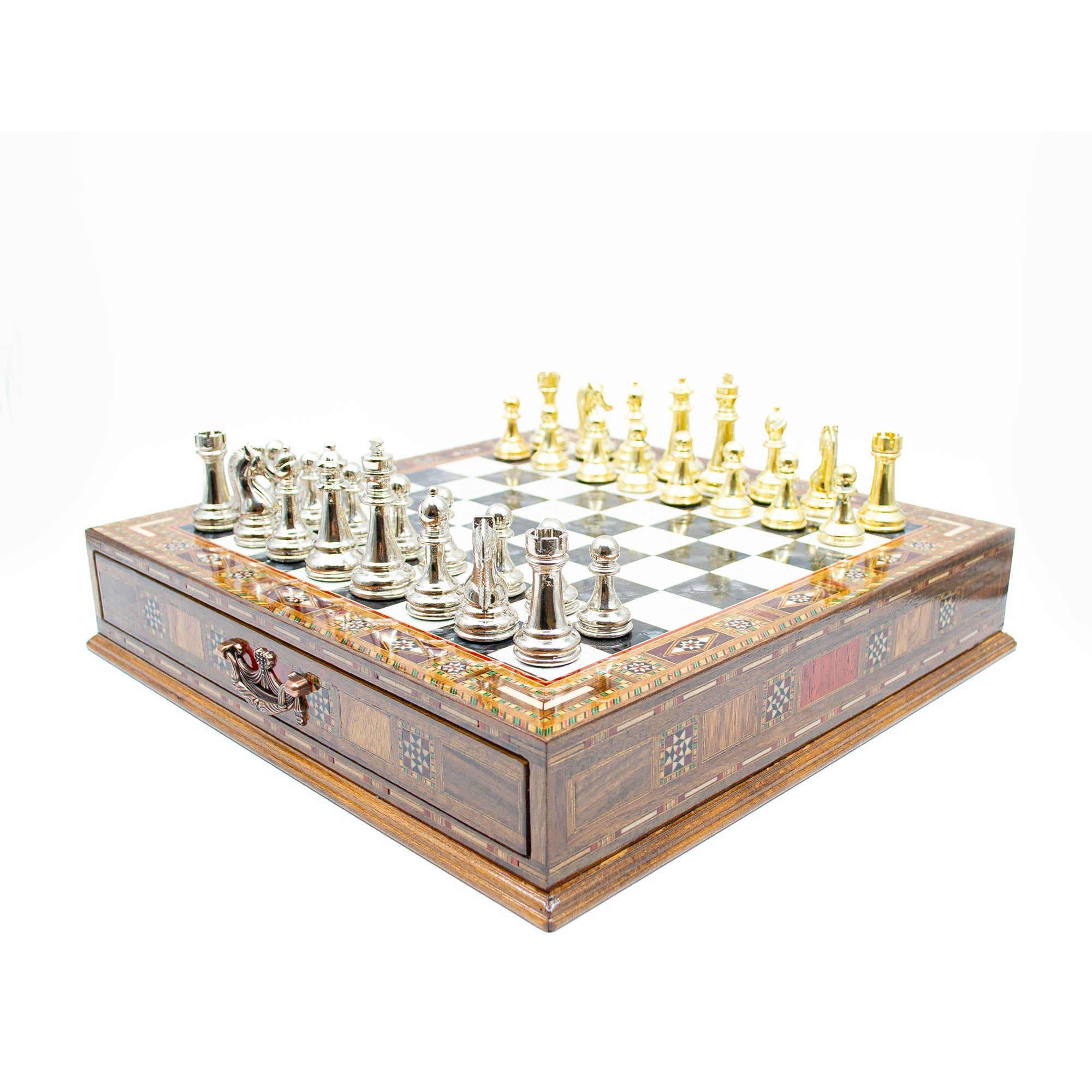 Luxury Wooden Chess Set With Storage Units - Gold And Silver Metal Chess Pieces (Black Chess Board) My Chess Sets