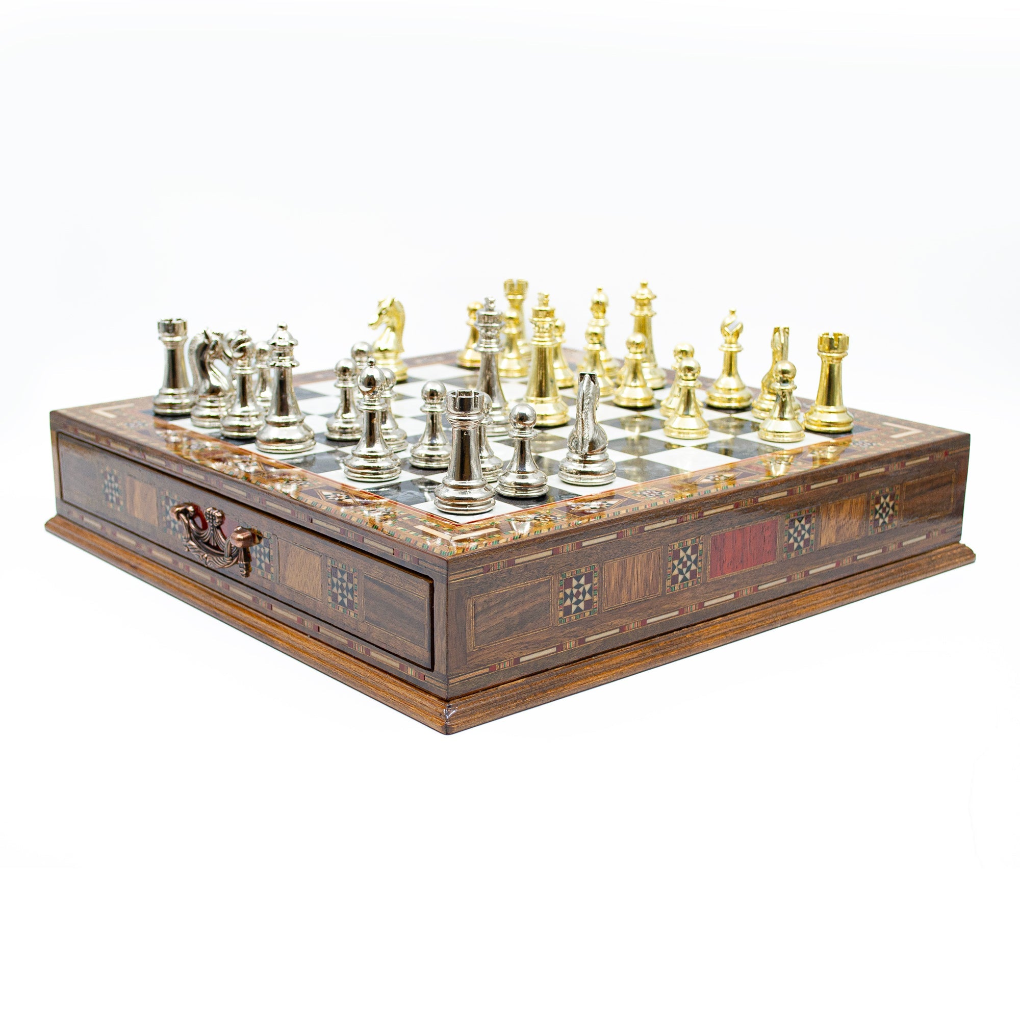 Luxury Wooden Chess Set With Storage Units - Gold And Silver Metal Chess Pieces (Black Chess Board) My Chess Sets