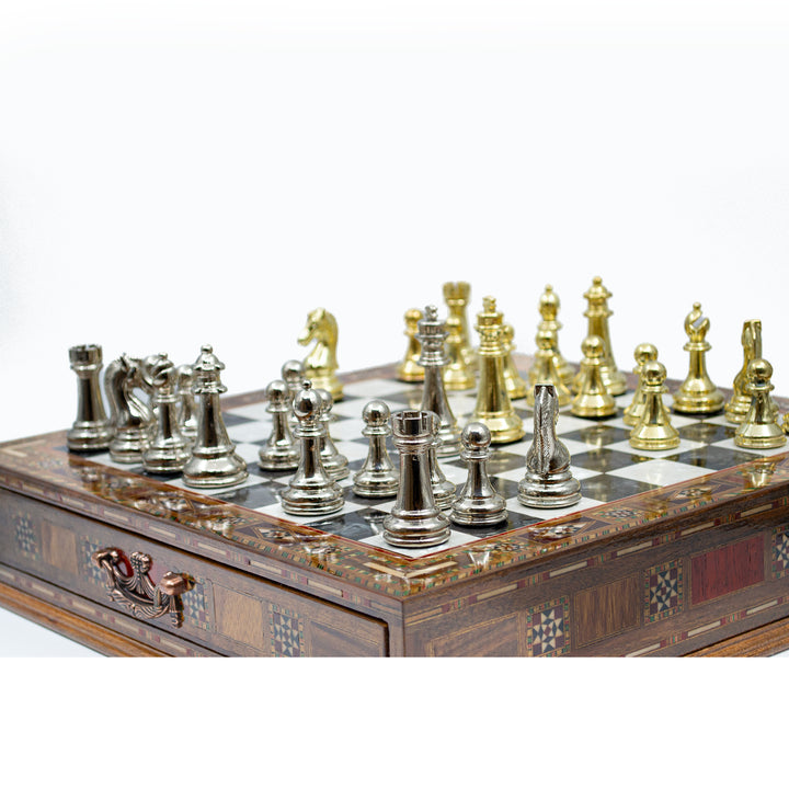 Luxury Wooden Chess Set With Storage Units And Gold And Silver Metal Chess Pieces (Black Board)