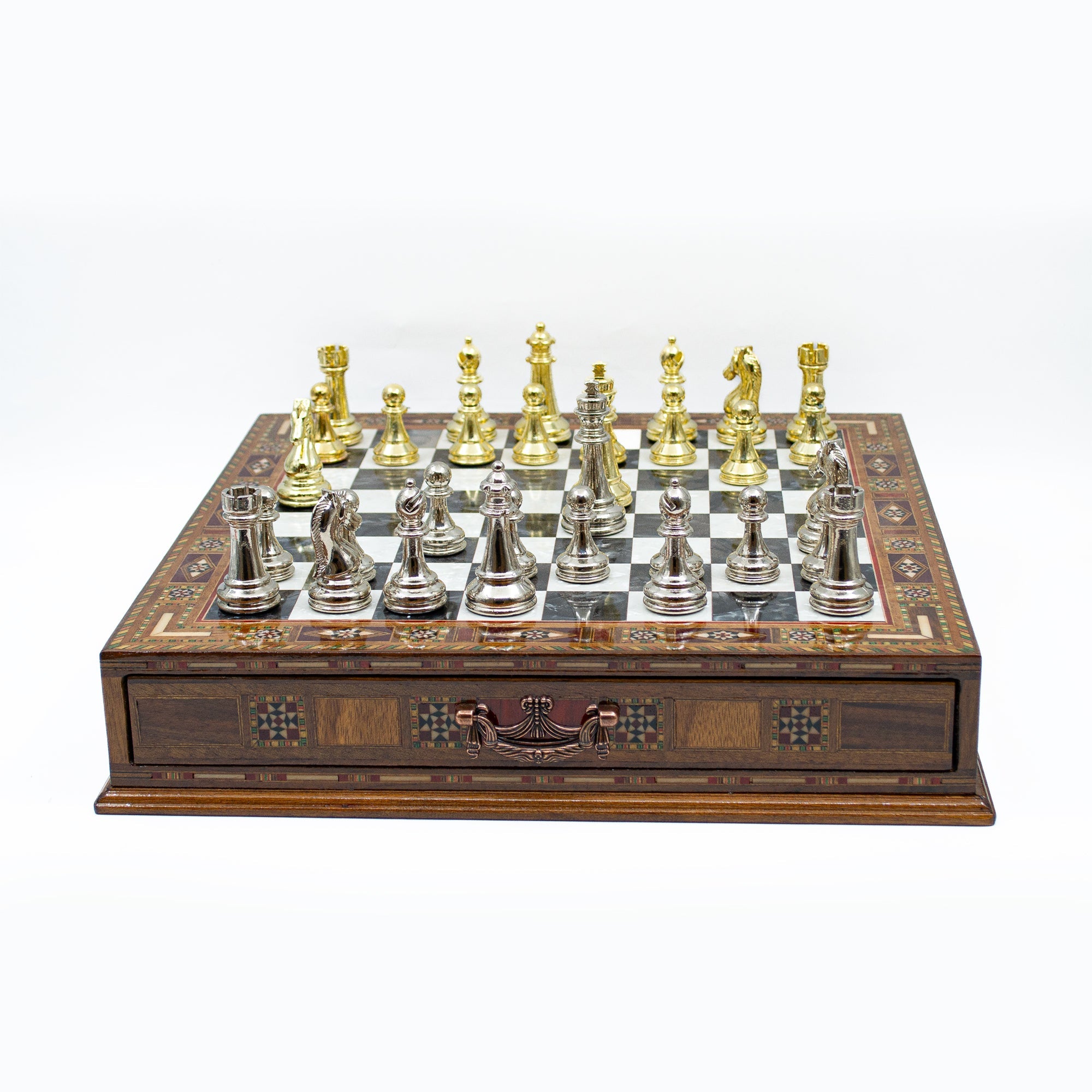 Luxury Wooden Chess Set With Storage Units - Gold And Silver Metal Chess Pieces (Black Chess Board) My Chess Sets