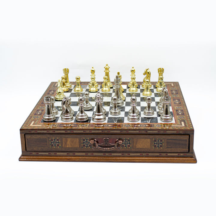 Luxury Wooden Chess Set With Storage Units And Gold And Silver Metal Chess Pieces (Black Board)