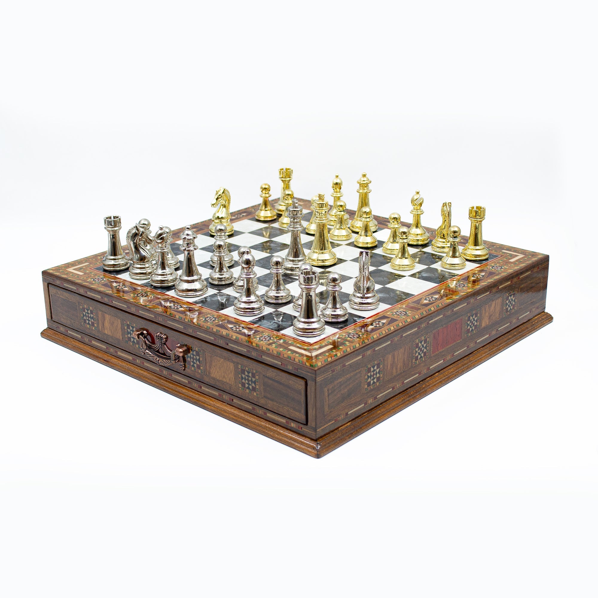 Luxury Wooden Chess Set With Storage Units - Gold And Silver Metal Chess Pieces (Black Chess Board) My Chess Sets